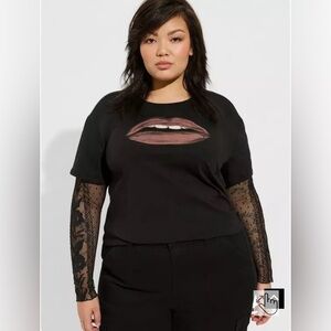 Torrid Black Tee with Lace Sleeves
